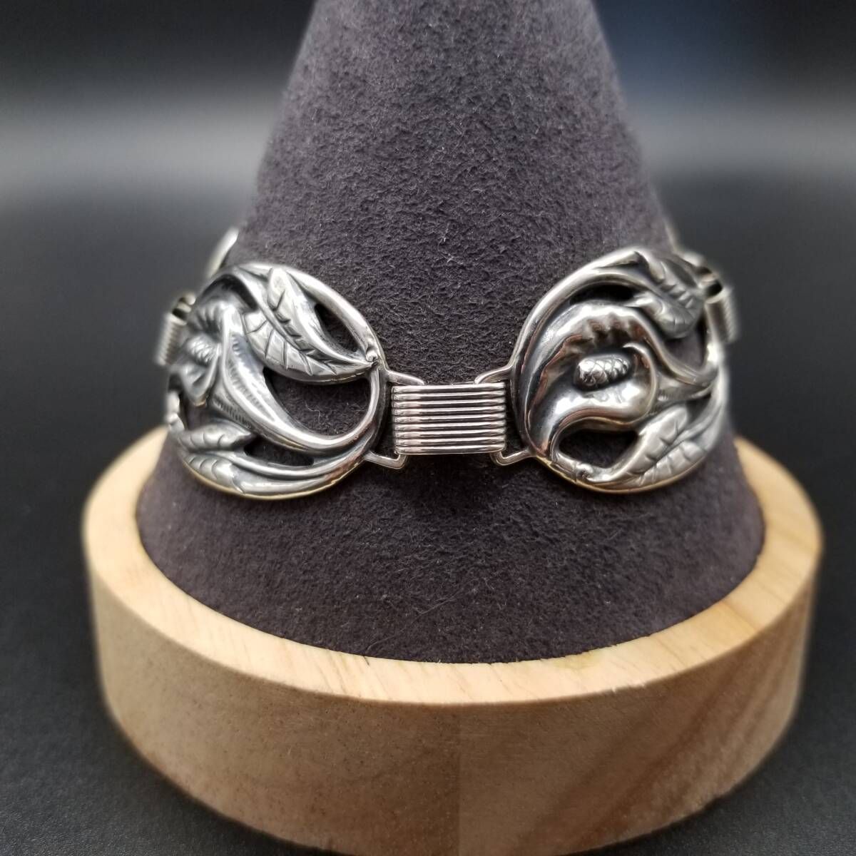 ユリ 楕円パネルチェーン リンク 925 シルバー ヴィンテージ フラワー ブレスレット 銀細工 フローラル 自然派 Y 19-P