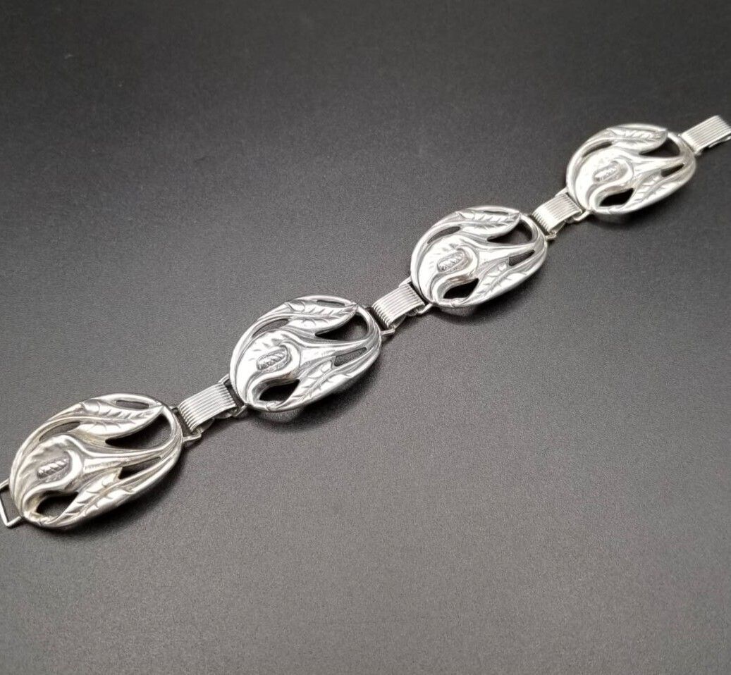 ユリ 楕円パネルチェーン リンク 925 シルバー ヴィンテージ フラワー ブレスレット 銀細工 フローラル 自然派 Y 19 P