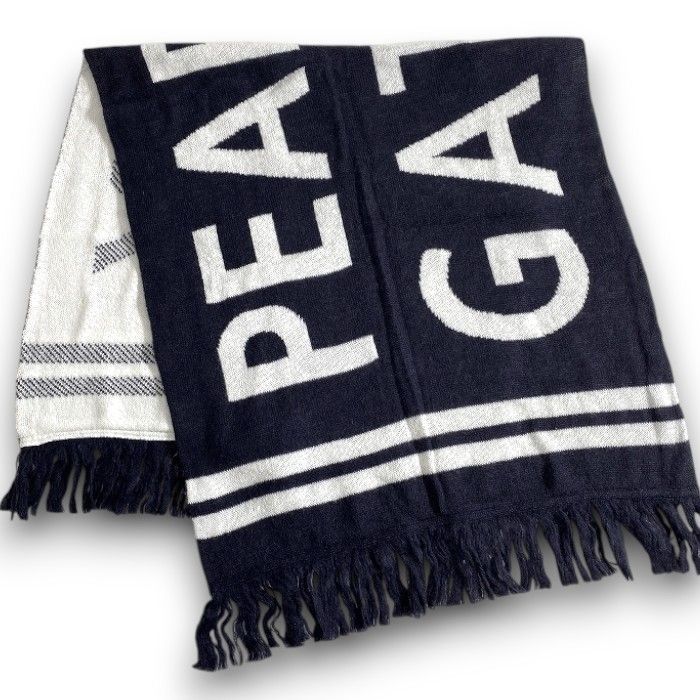 PEARLY GATES パーリーゲイツ ゴルフ 日本製 ソフトウール混 ビッグロゴ キャリーベルト付き 大判ストール マフラー ブランケット ユニセックス 053-2283102 定価4.1万 ネイビー ホワイト FR ▲046 51211 w 02