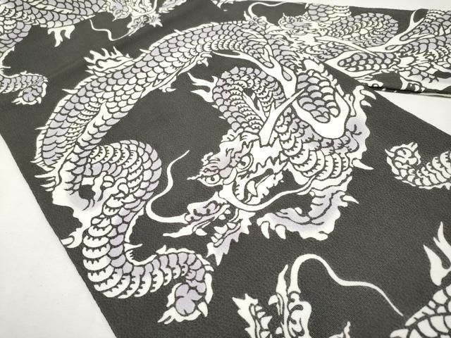 ● 上 和染紅型 栗山紅型 栗山吉三郎 九寸名古屋帯 龍 鬼しぼ縮緬 黒緑色地 s 6