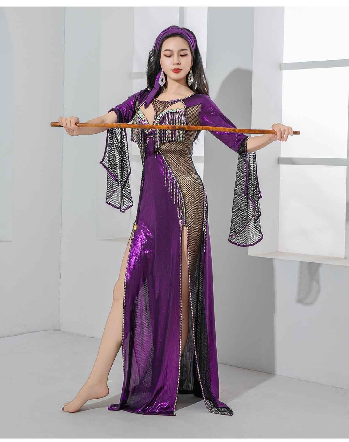 ベリーダンス ダンス衣装 セット コスプレ 仮装 パーティー 余興用 レッスン着 ワンピース ブラ ヘッドスカーフ インナーパンツ 社交ダンス 発表会 ラテンダンス 演出 団体 キラキラ きらきら グリーン パープル