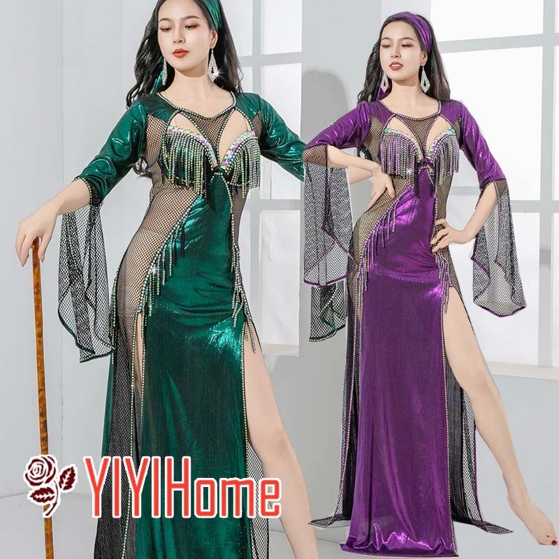 ベリーダンス ダンス衣装 セット コスプレ 仮装 パーティー 余興用 レッスン着 ワンピース ブラ ヘッドスカーフ インナーパンツ 社交ダンス 発表会 ラテンダンス 演出 団体 キラキラ きらきら グリーン パープル