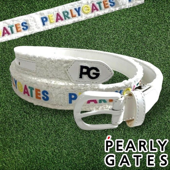 PEARLY GATES パーリーゲイツ ゴルフ カラフルロゴ刺繍 ボア×レザー 異素材コンビ ベルト ユニセックス 053-2282102 定価1.7万 ホワイト FR 019 51114 w 07