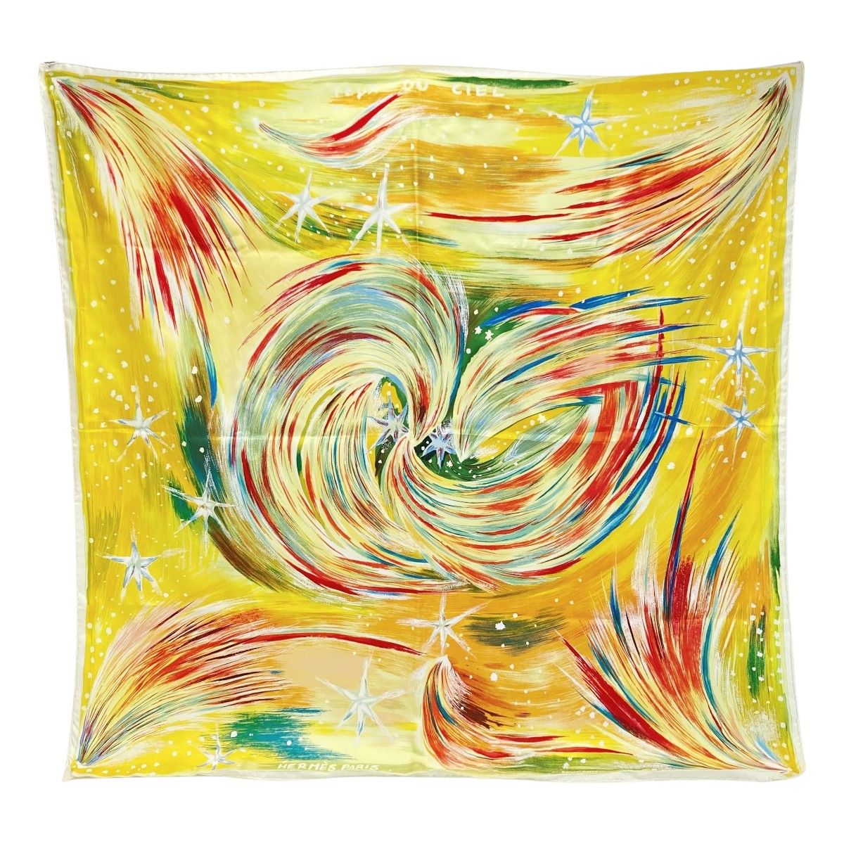 HERMES エルメス カレ90 FEUX DU CIEL 天の火 スカーフ イエロー シルク100％