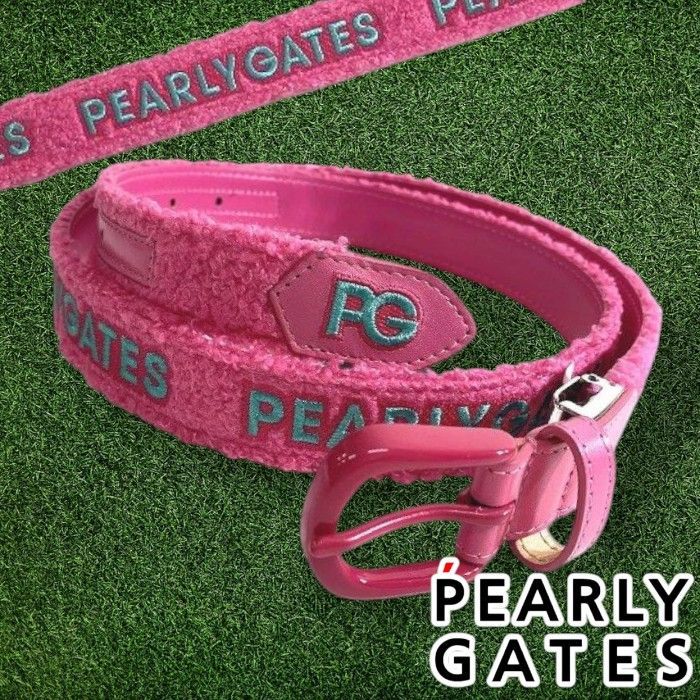 PEARLY GATES パーリーゲイツ ゴルフ 日本製 カラフルロゴ刺繍 ボア×レザー 異素材コンビ ベルト ユニセックス 053-2282102 定価1.7万 ピンク FR ▲019 51114 w 08