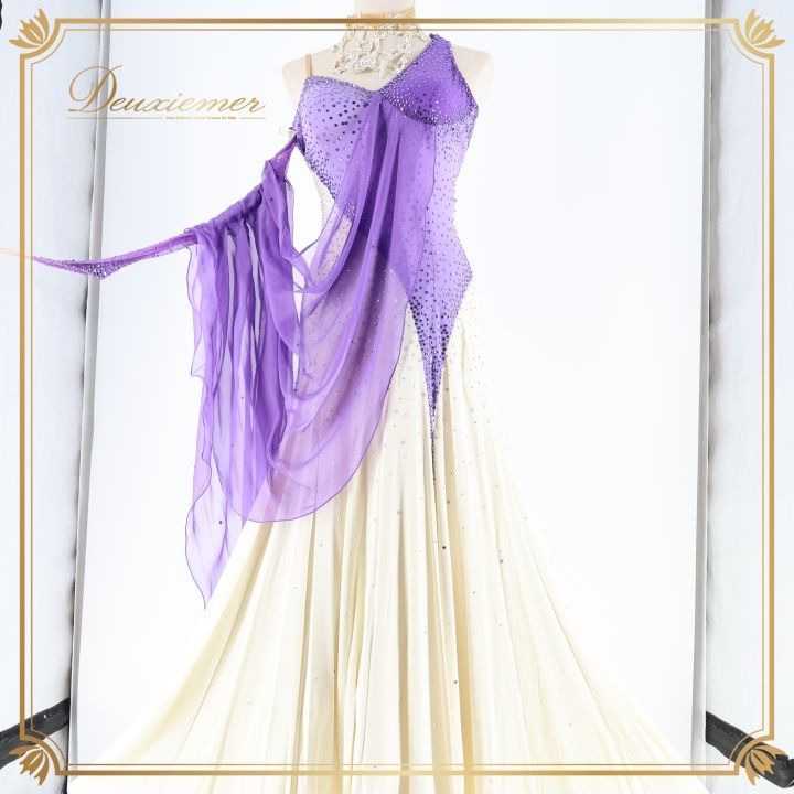 社交ダンス 衣装 スタンダード ドレス ワンピース 紫 アイボリー