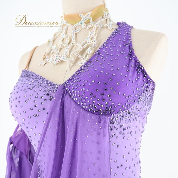 社交ダンス 衣装 スタンダード ドレス ワンピース 紫 アイボリー