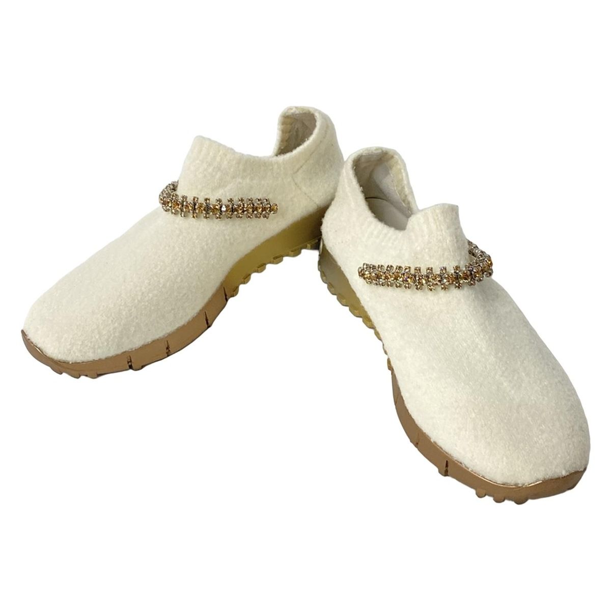 JIMMY CHOO ジミーチュウ スリッポン 35 レディース - アイボリー ラインストーン インソール取外し可 ウール