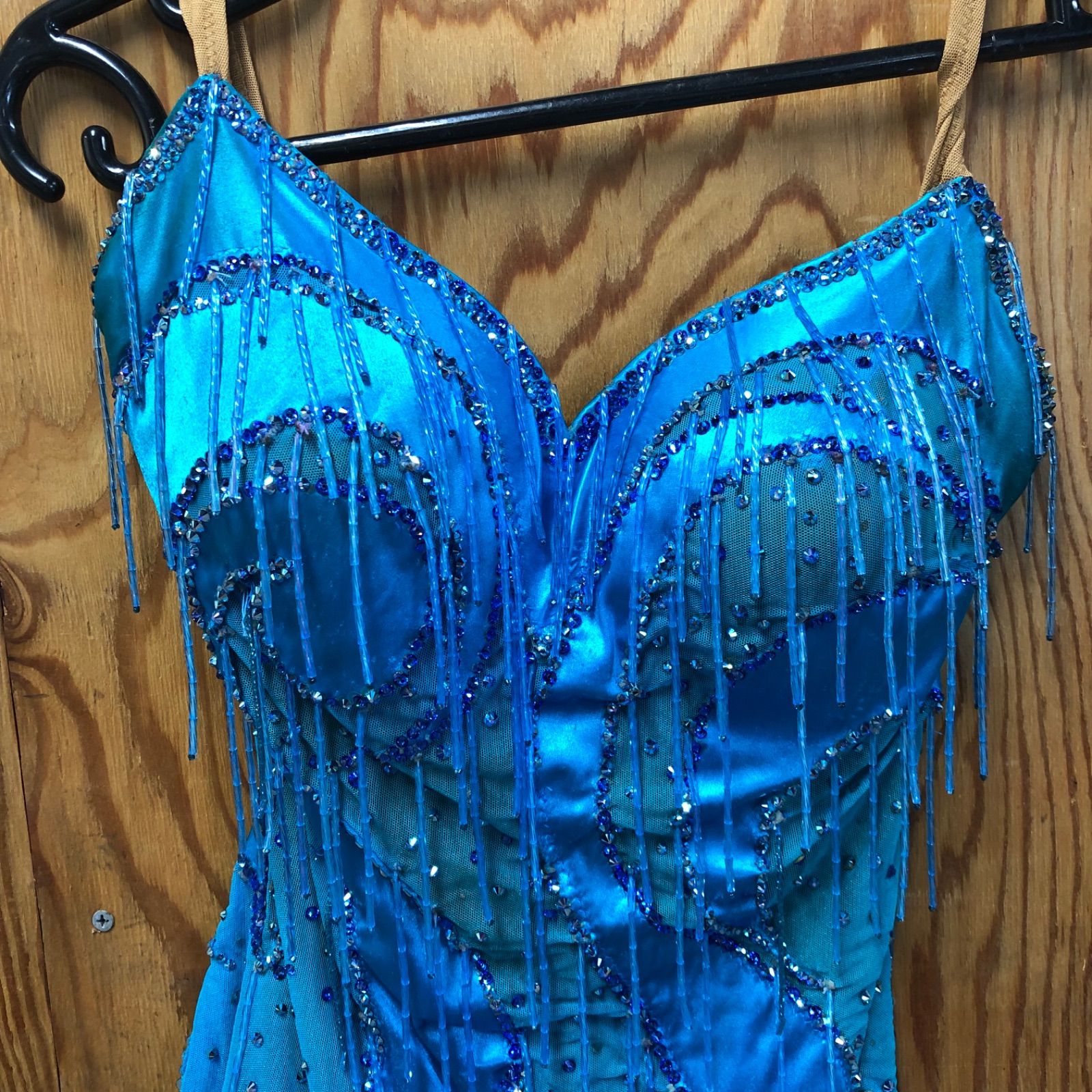 げ交渉 社交ダンスドレス パーティドレス ラインストーン ブルー フリル ファー