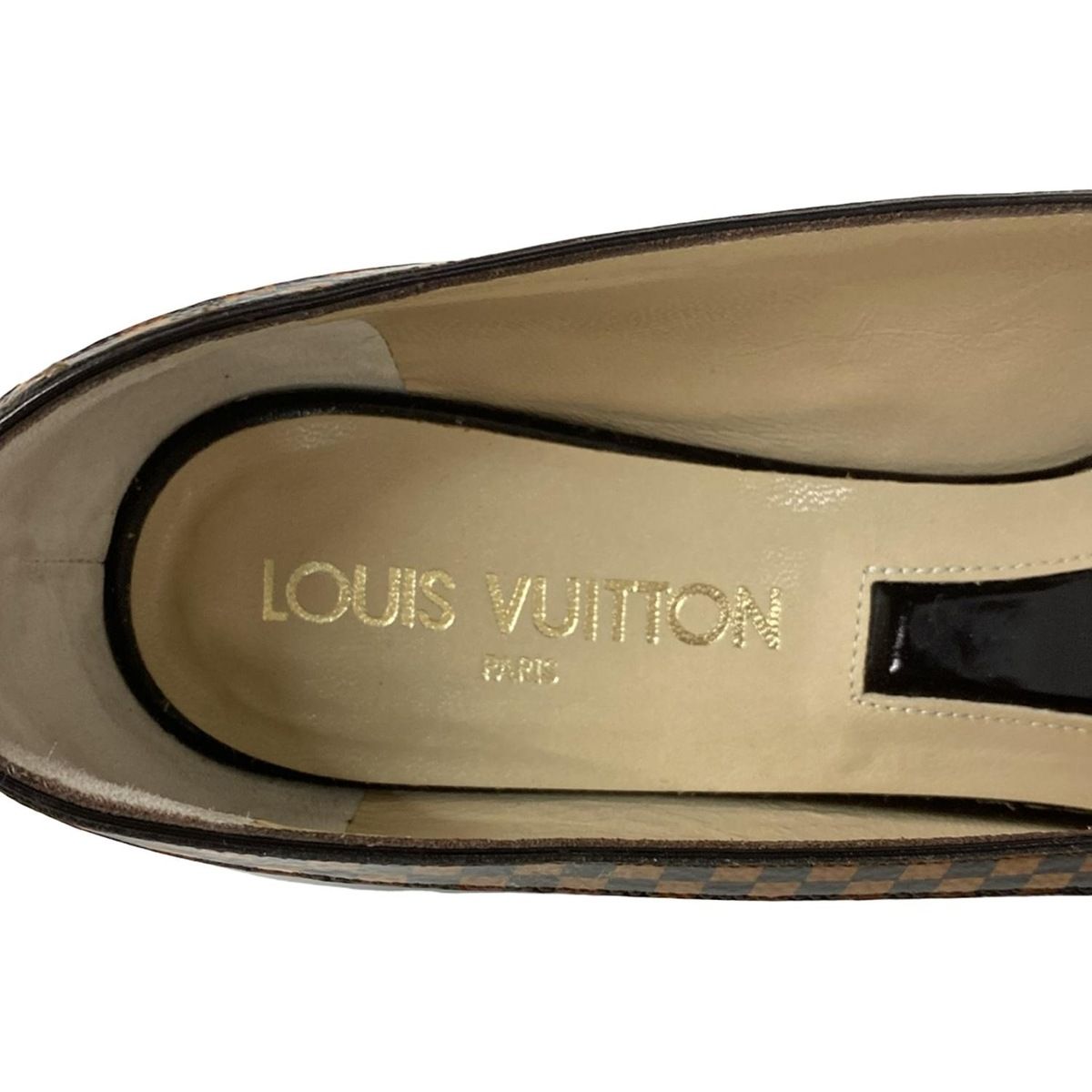  LOUIS VUITTON ルイヴィトン パンプス 37 レディース - ダークブラウン×ブラウン ダミエ柄 リボン アウトソール張替済 レザー ハイヒール パンプス パンプス