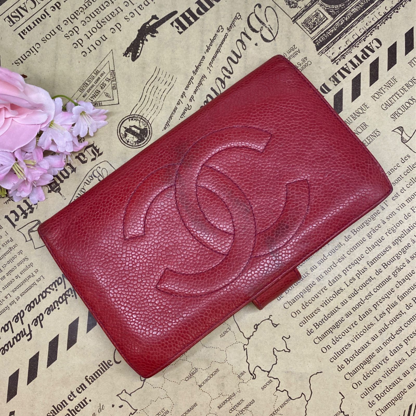 シャネル ココマーク ロゴ 長財布 がま口 レザー レッド FY99 - メルカリ