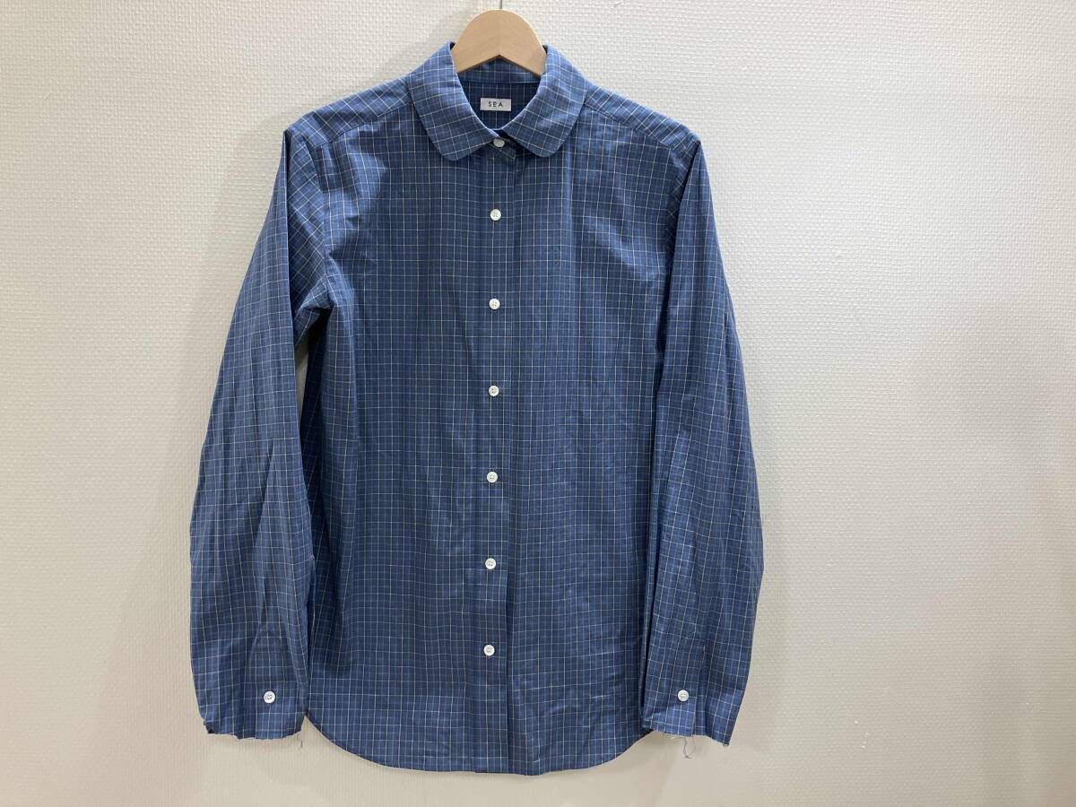 SEA 先染めチェックブロード長袖シャツ カフス切りっ放しラウンド襟シャツ デザインシャツ ブロード長袖シャツ ブルー FREE 秋