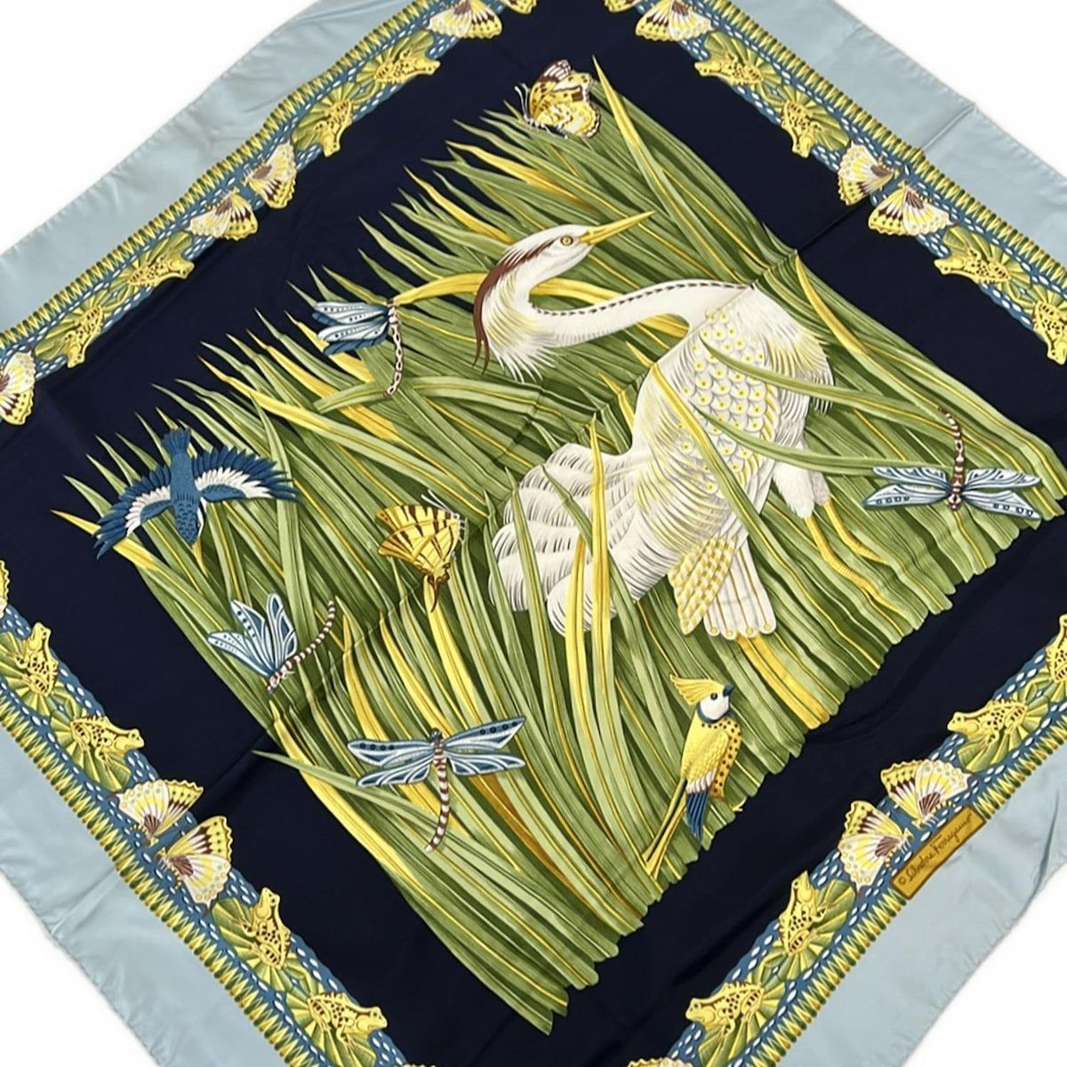 FERRAGAMO SalvatoreFerragamo サルバトーレフェラガモ スカーフ - ライトブルー×イエロー×マルチ バタフライ 蝶 鳥