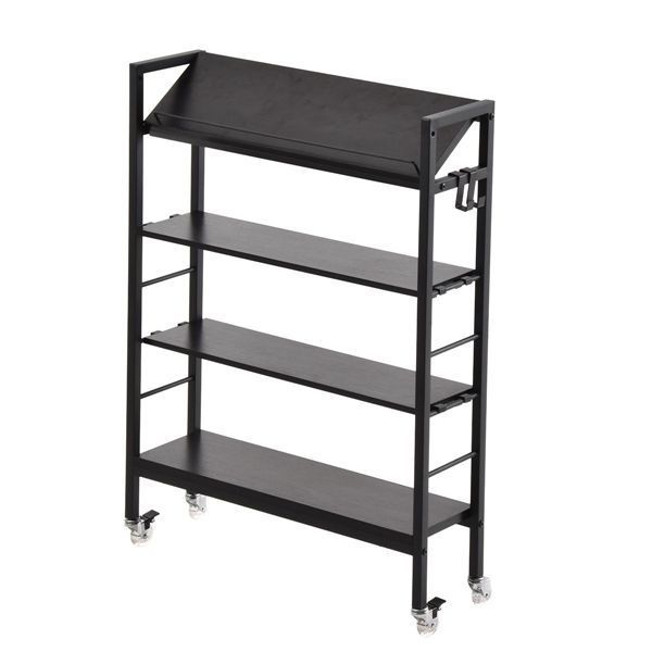 キャスター付 スリム収納ラック 棚 ブラック 組立品