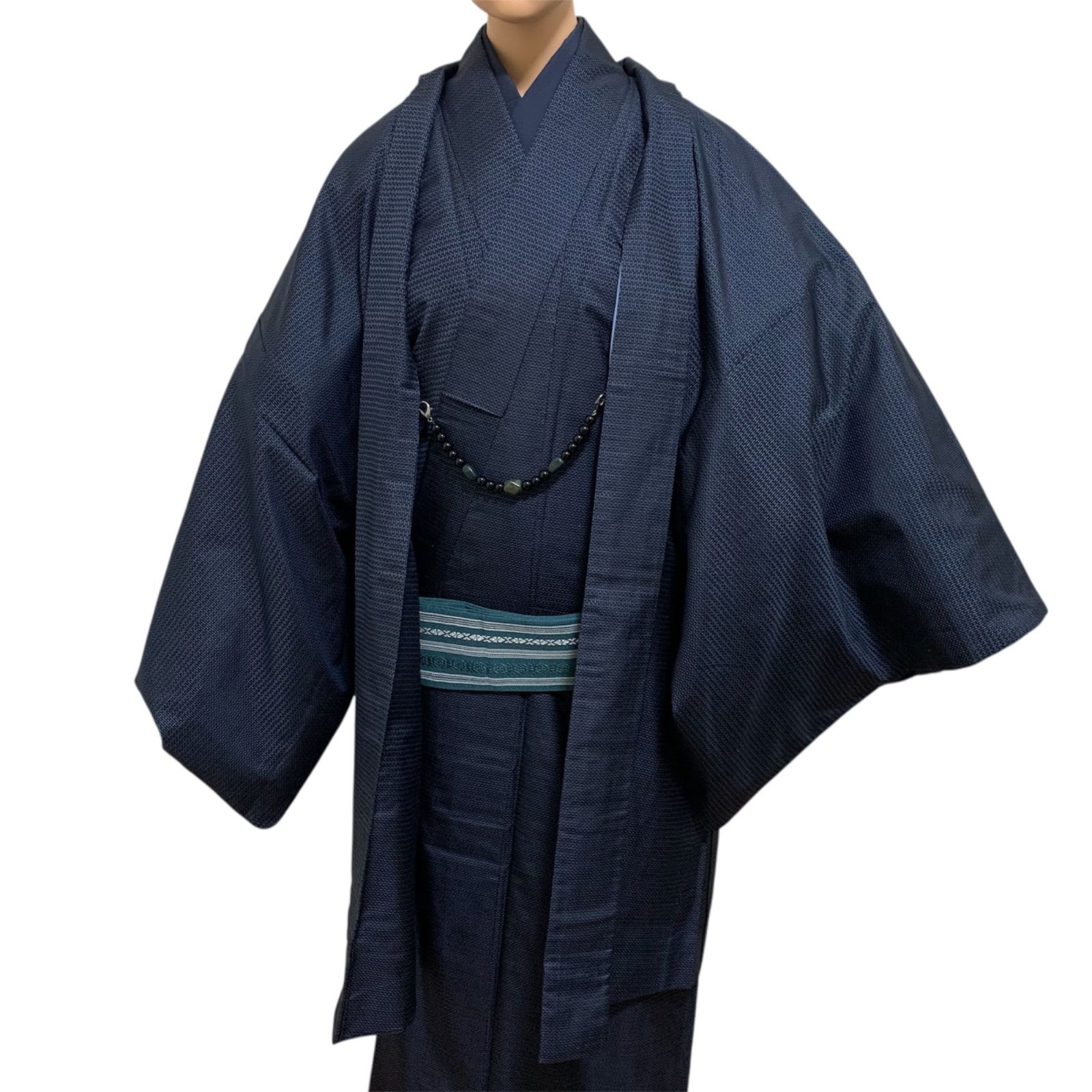 R 1524 紳士 和装2点セット 羽織 着物 紬 青系 男性用 メンズ アンサンブル