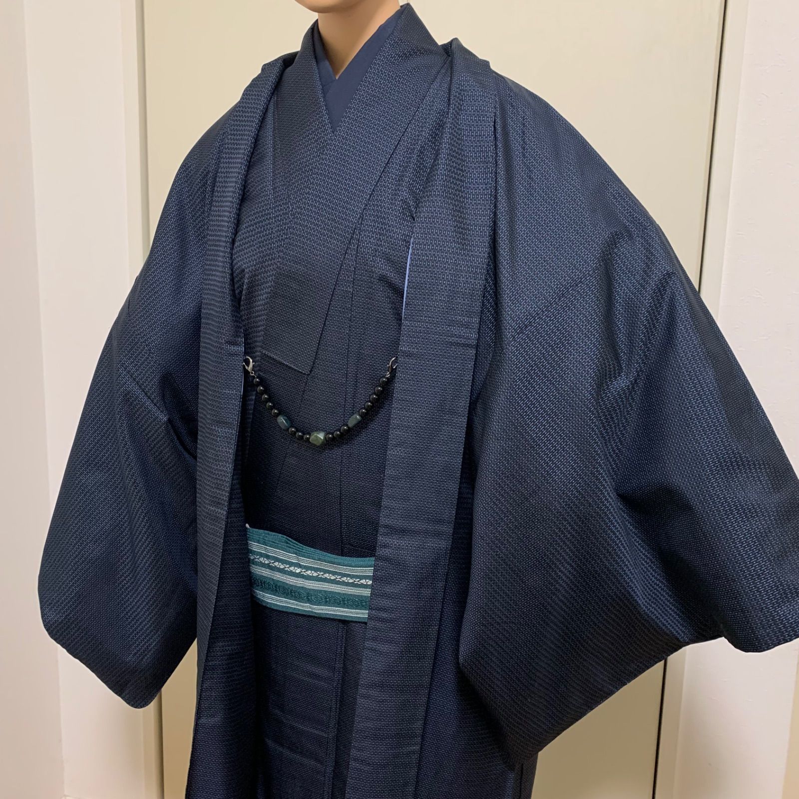 R 1524 紳士 和装2点セット 羽織 着物 紬 青系 男性用 メンズ アンサンブル