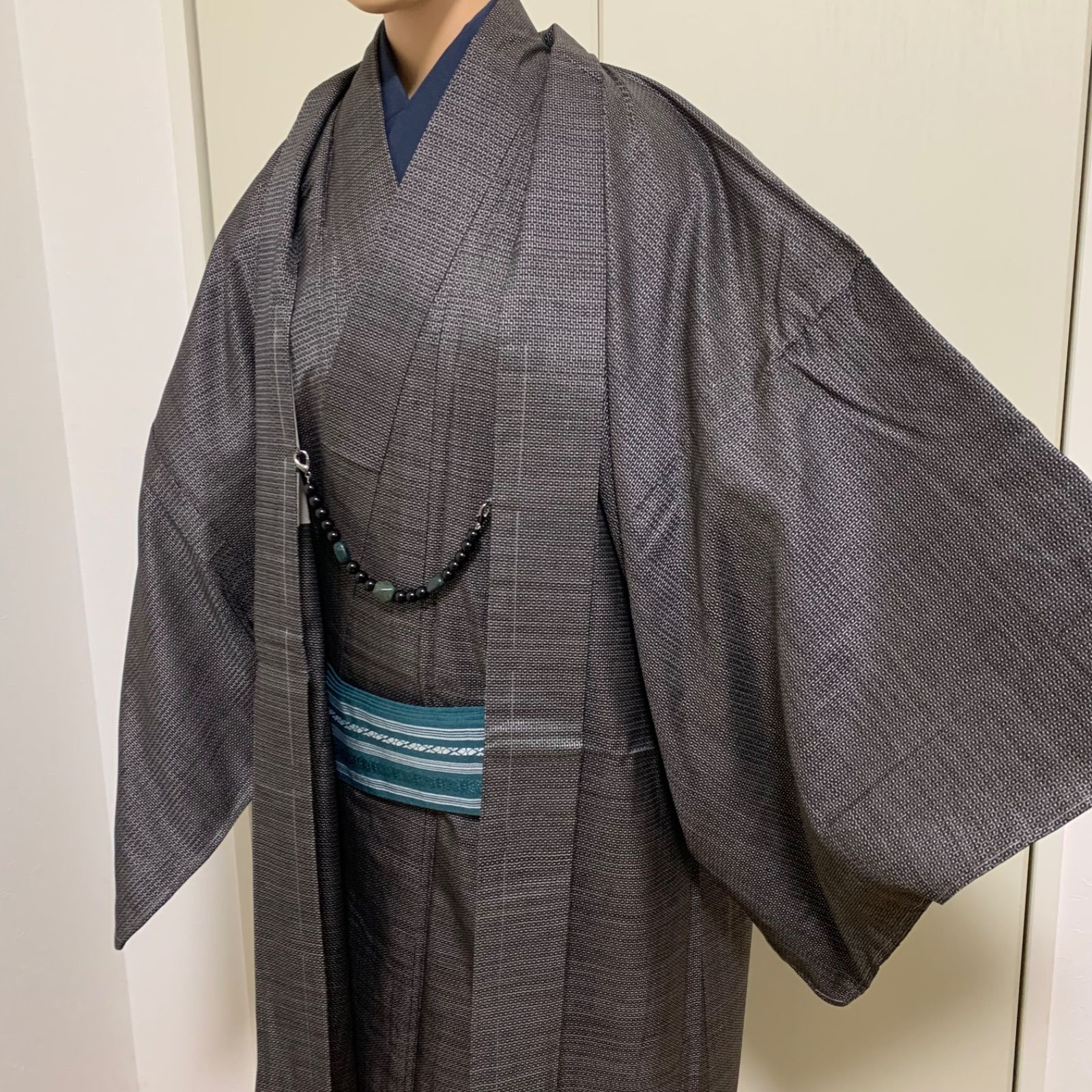 R 1525 紳士 和装2点セット 羽織 着物 紬 絹 アンサンブル 三越 しつけ糸付き ブラウン 男性用 メンズ