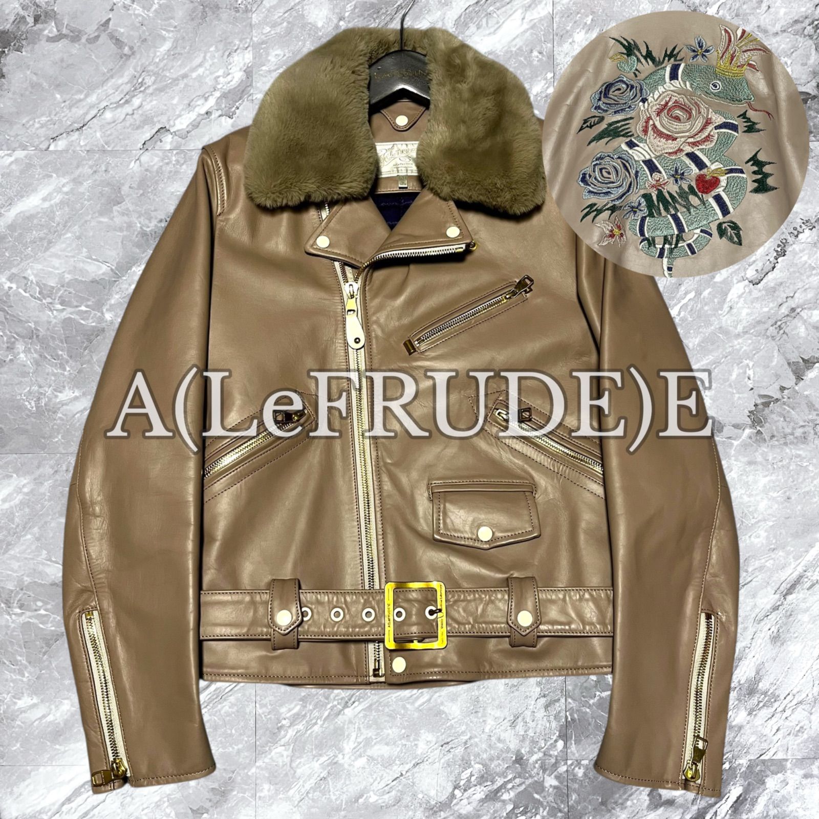 A LeFRUDE E アレフルード 18 AW ダブルライダースジャケット 牛革 本革 刺繍 ファー 着脱 キルティング裏地 ピンク系 サイズM