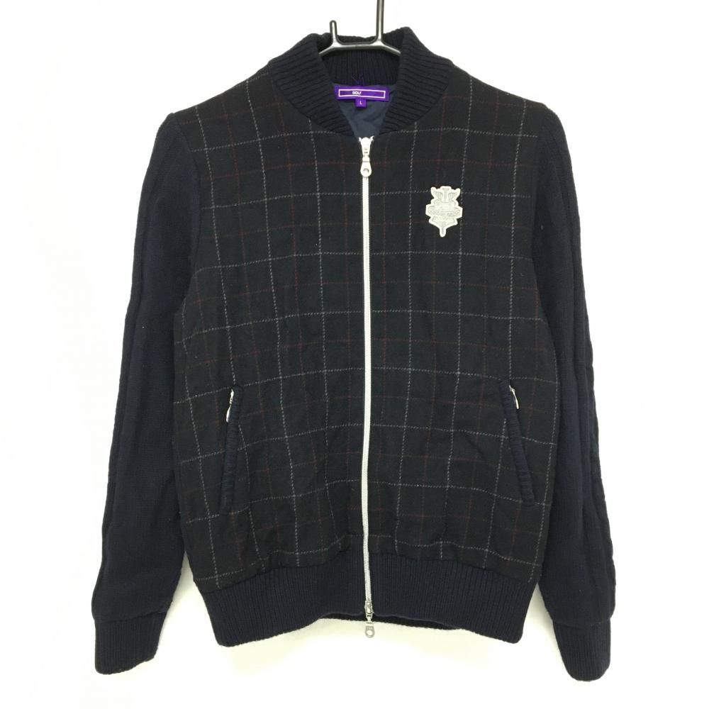 ビームスゴルフ 切替ニットジャケット ネイビー レッド 前身頃格子チェック ウール混 裏地付 レディース L ゴルフウェア BEAMS GOLF
