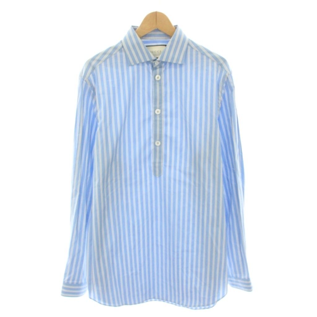 グッチ GUCCI シャツ 長袖 ハーフボタン ストライプ柄 46 水色 ライト