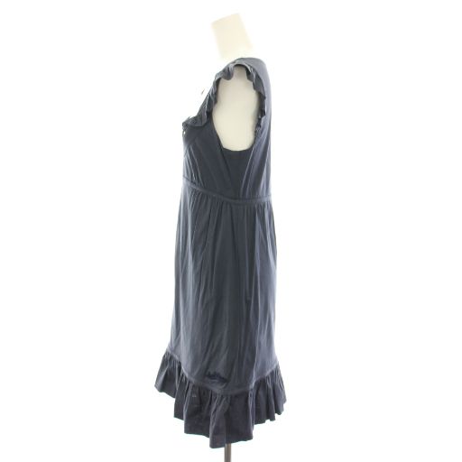 ルイヴィトン LOUIS VUITTON ワンピース ひざ丈 半袖 フレンチスリーブ フリル ロゴ刺繍 36 紺 ネイビー YT