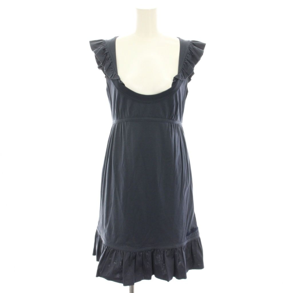 ルイヴィトン LOUIS VUITTON ワンピース ひざ丈 半袖 フレンチスリーブ フリル ロゴ刺繍 36 紺 ネイビー YT