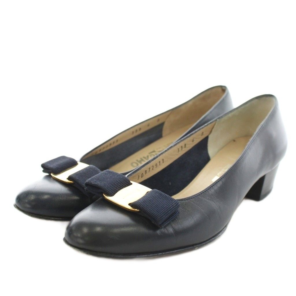 サルヴァトーレフェラガモ Salvatore Ferragamo ヴァラリボン パンプス アーモンドトゥ チャンキーヒール レザー 6 紺 ネイビー |AN 27