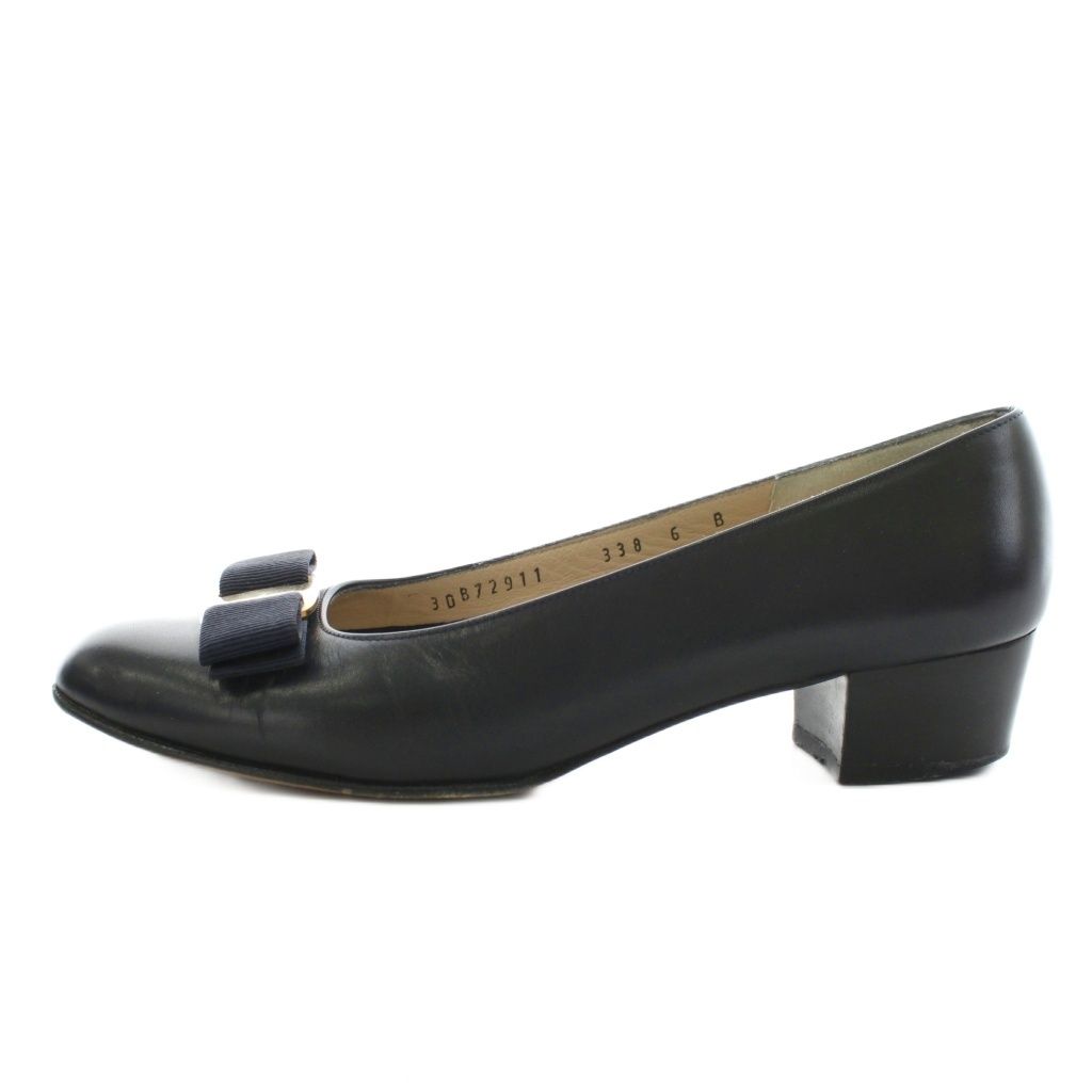 サルヴァトーレフェラガモ Salvatore Ferragamo ヴァラリボン パンプス アーモンドトゥ チャンキーヒール レザー 6 紺 ネイビー AN 27