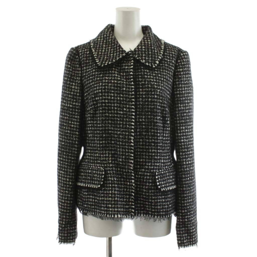 ドルチェ-ガッバーナ ドルガバ DOLCE-GABBANA スーツ セットアップ 上下 ジャケット シングル タイトスカート ひざ丈 千鳥格子 スカラップ シルク混 絹 モヘヤ混 アルパカ混 44 黒 ブラック 白 ホワイト AN 42
