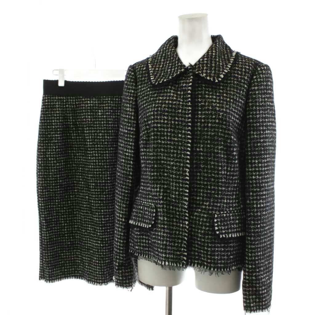 ドルチェ-ガッバーナ ドルガバ DOLCE-GABBANA スーツ セットアップ 上下 ジャケット シングル タイトスカート ひざ丈 千鳥格子 スカラップ シルク混 絹 モヘヤ混 アルパカ混 44 黒 ブラック 白 ホワイト |AN 42