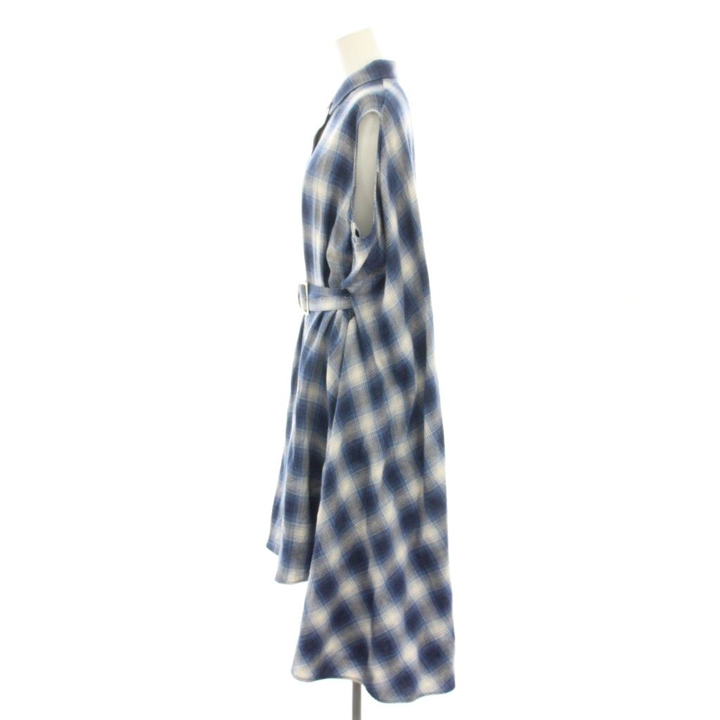 エムエムシックス メゾンマルジェラ MM 6 Maison Margiela マルタンマルジェラ 17 SS シャツワンピース ひざ丈 ノースリーブ チェック柄 ベルト フィッシュテール 40 青 ブルー 白 ホワイト YT
