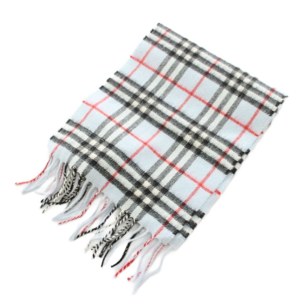 バーバリー ロンドン LONDON マフラー ストール フリンジ チェック柄 カシミヤ 水色 ライトブルー 8016589 YT