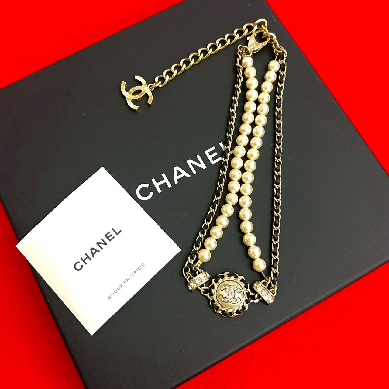 き コメあり B 21 K CHANEL シャネル ココマーク GP レザー フェイクパール チェーン ネックレス ペンダント ゴールド 99364