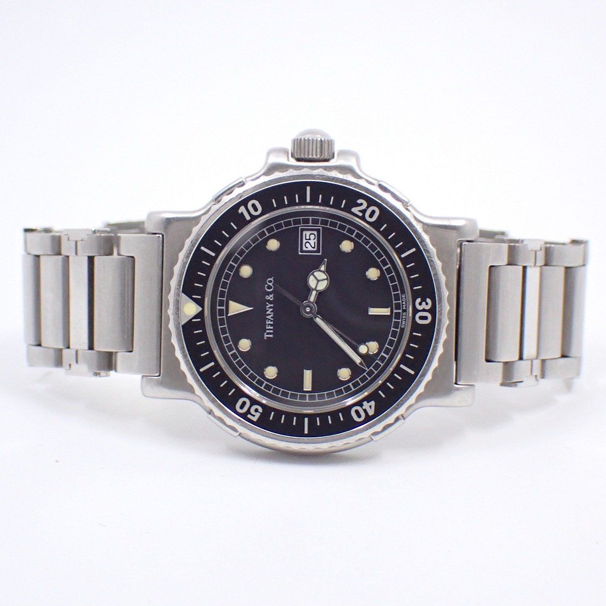 品 ティファニー ダイバー型 クォーツ メンズ 腕時計 黒文字盤 SSベルト M 0711