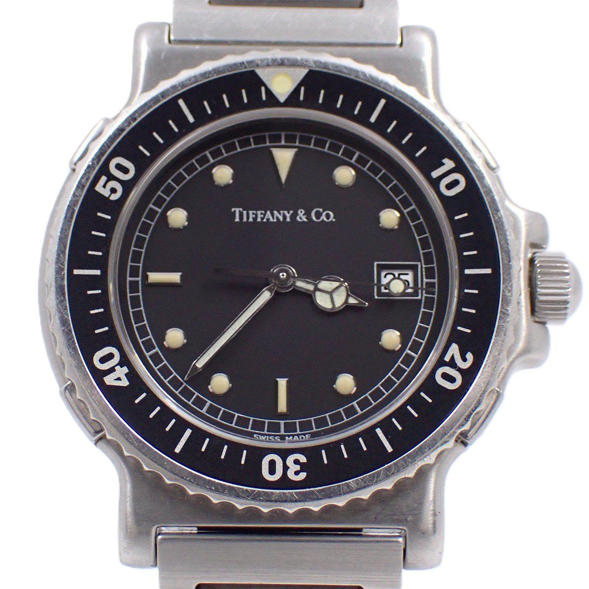 品 ティファニー ダイバー型 クォーツ メンズ 腕時計 黒文字盤 SSベルト M 0711