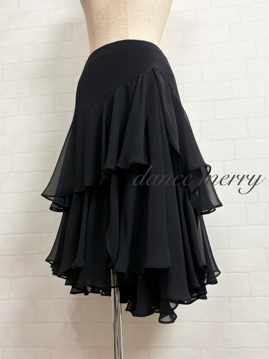 新品 社交ダンス スカート ラテン 黒 フリル パーティ 4606