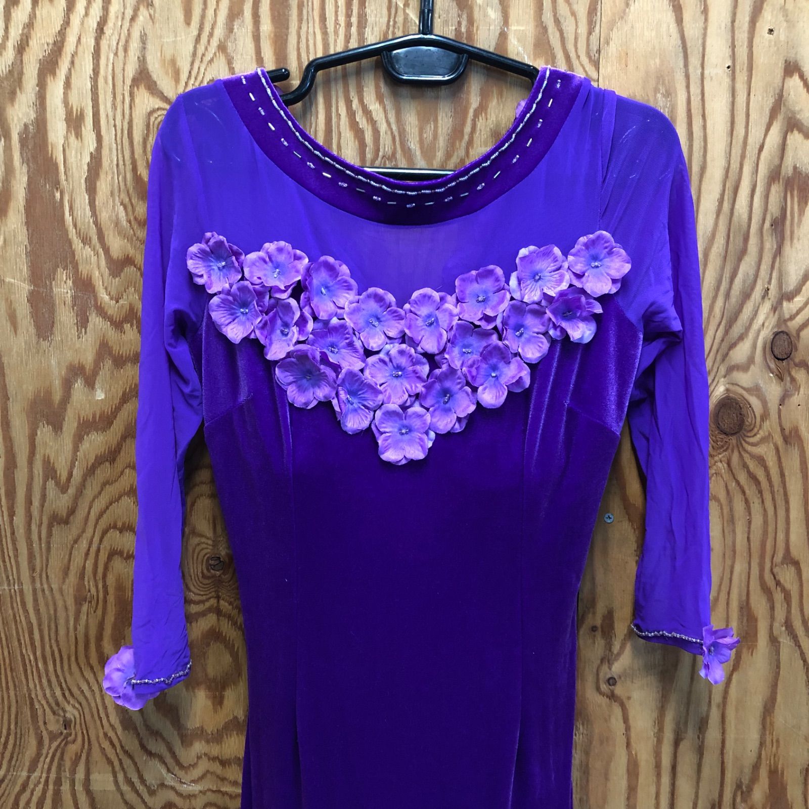 げ交渉 社交ダンスドレス パーティドレス ラインストーン パープル ベロア サテン