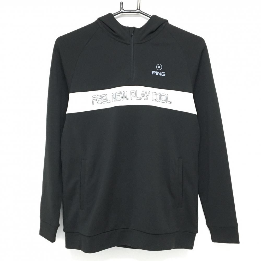 ピン フード付長袖シャツ 黒×白 胸元切替 ハーフジップ レディース M ゴルフウェア PING