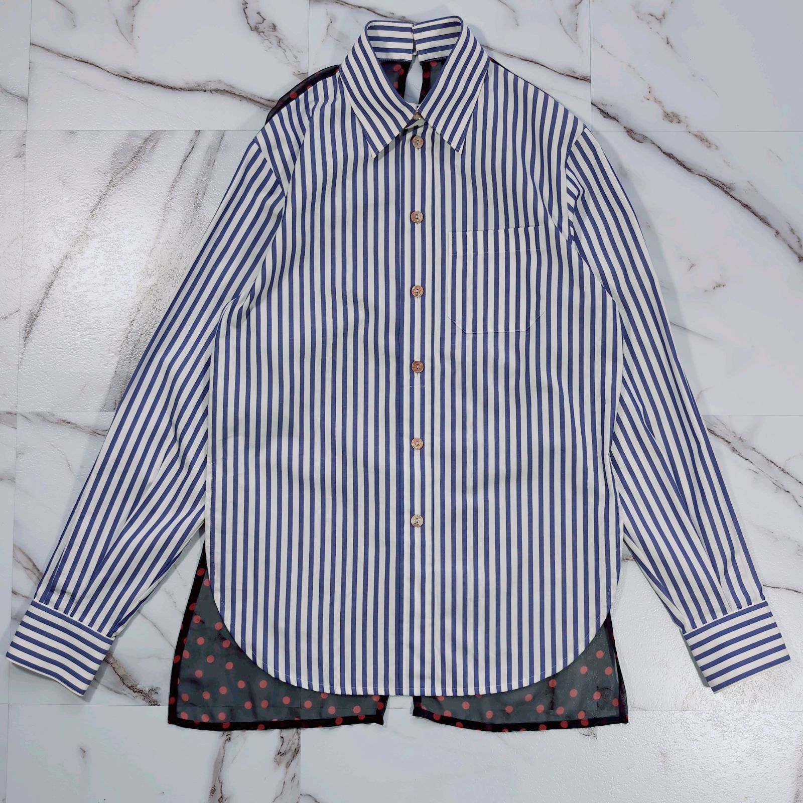 Jean Paul FEMME 40 L stripe dot ハーフボタンシャツプルオーバー シアー シースルー ドッキング 切替 シェルボタン