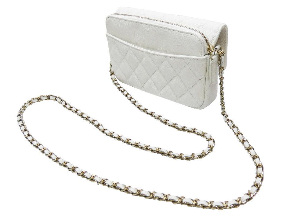 シャネル ＣＨＡＮＥＬ キャビアスキン マトラッセ フォンショルダー チェーンウォレット ＡＰ２０９６ ホワイト ゴールド金具