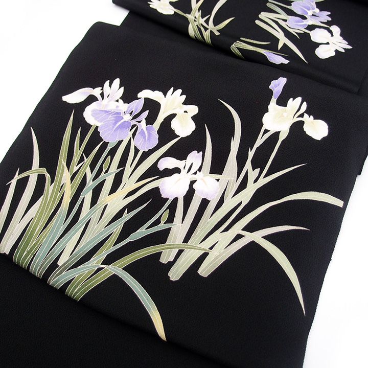 九寸名古屋帯 十日町友禅 秀美 九寸帯 反物 未仕立て 正絹 ちりめん カジュアル 花菖蒲 あやめ 端午の節句 こどもの日 黒 g 558