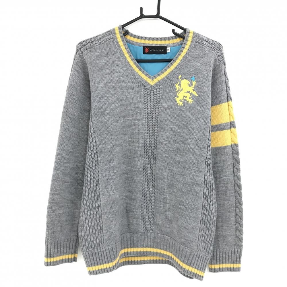 美品】ビバハート セーター グレー×イエロー Vネック 後身頃裏地