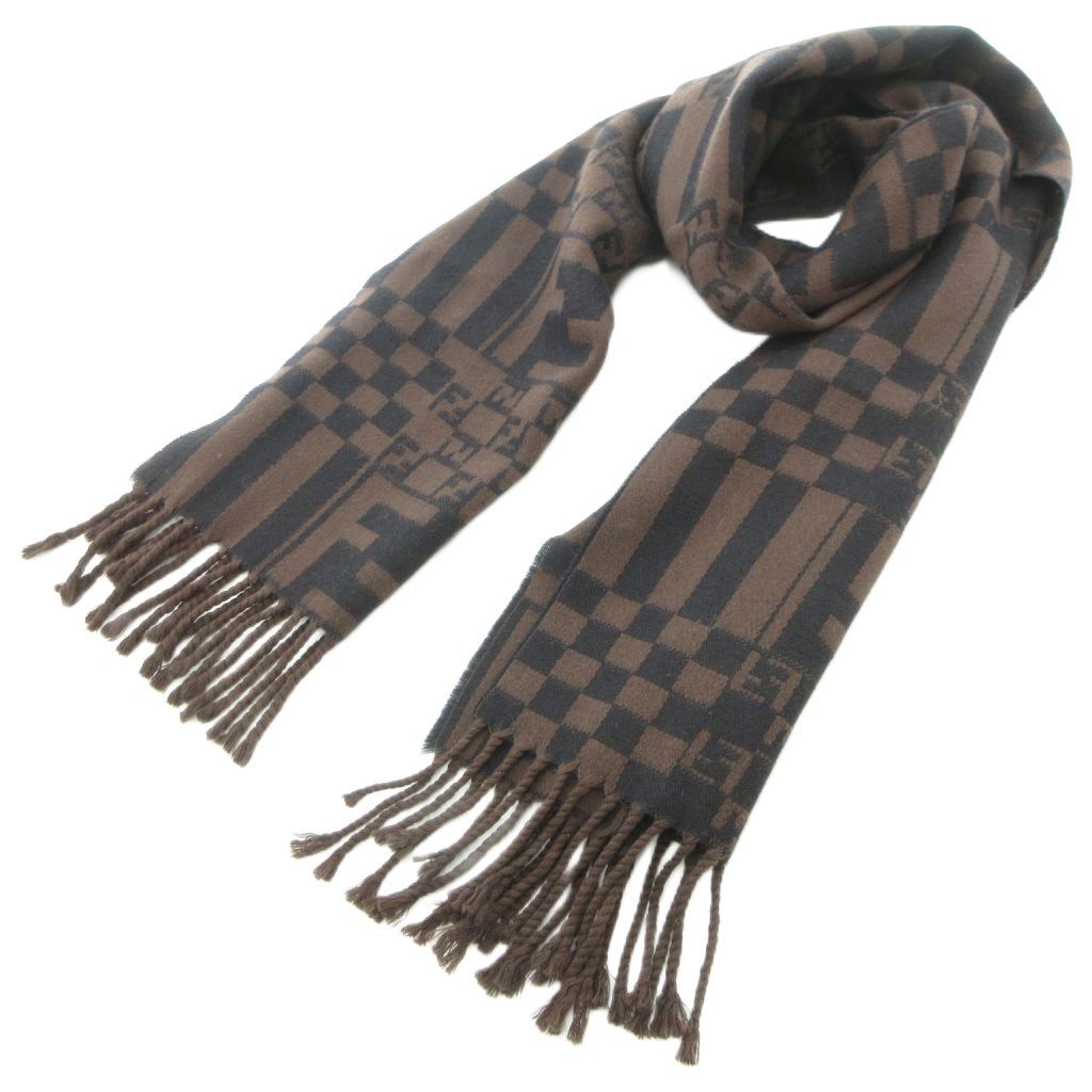 【中古】フェンディ FENDI cravatte マフラー ウール フリンジ FFロゴ ズッカ柄 ブロックチェック ブラウン系 /UO フェンディ FENDI cravatte マフラー ウール フリンジ FFロゴ ズッカ柄
