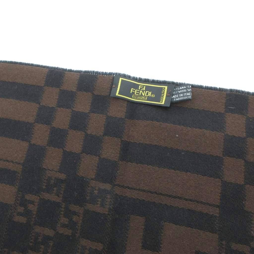 【中古】フェンディ FENDI cravatte マフラー ウール フリンジ FFロゴ ズッカ柄 ブロックチェック ブラウン系 /UO フェンディ FENDI cravatte マフラー ウール フリンジ FFロゴ ズッカ柄