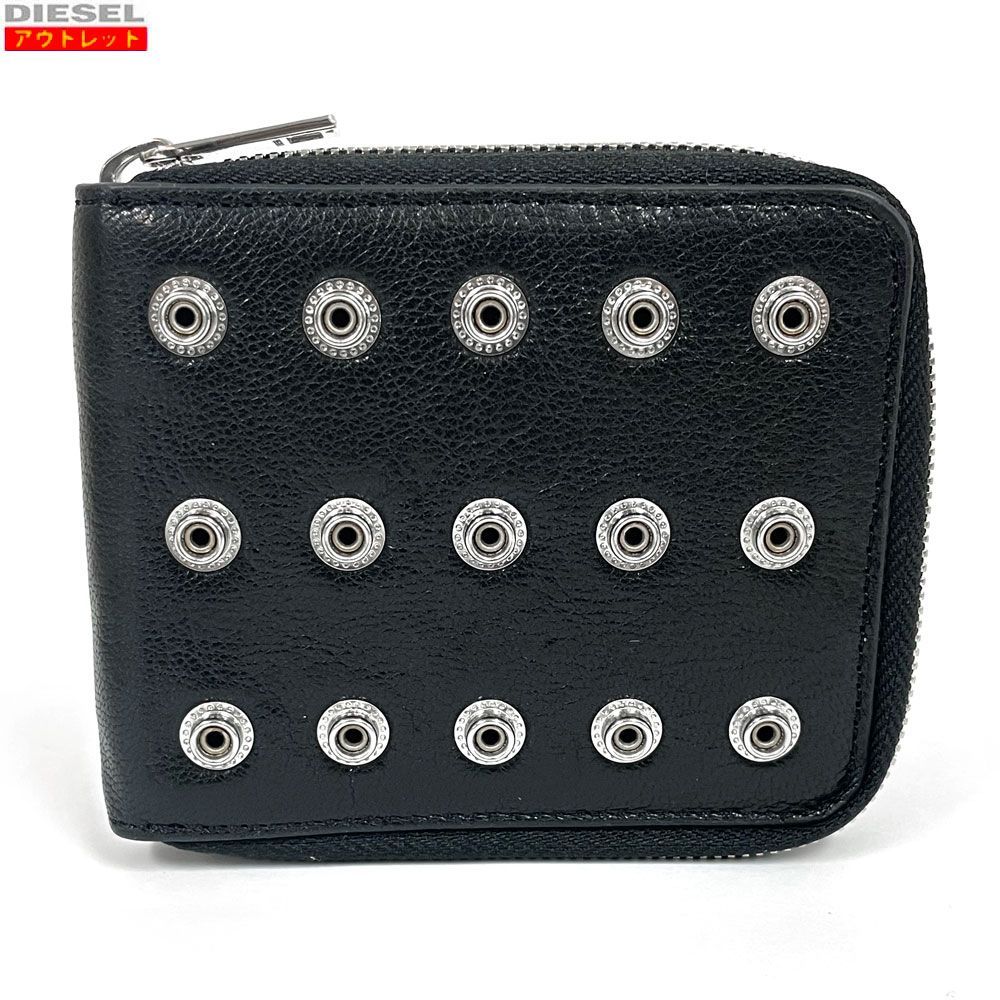 DIESEL ディーゼル アウトレット 二つ折り ラウンドジップ 財布 X 07888 PR 013 T 8013 ブラック スタッズ付きレザーウォレット BORKY HIRESH XS ZIPPI WALLET メンズ レディース ユニセックス