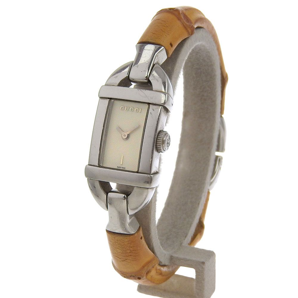 GUCCI グッチ 6800 L ステンレススチール×バンブー クオーツ アナログ表示 レディース ホワイト文字盤 腕時計