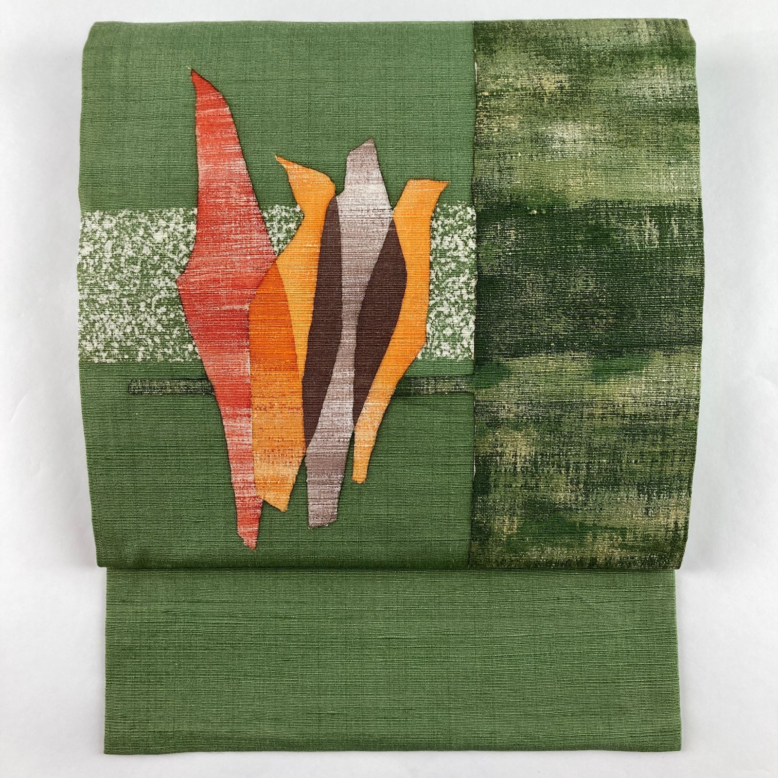 たんす屋 リユース帯 帯 名古屋帯 緑 抹茶 カジュアル 染め 鳥 抽象柄 絹 未洗い MS 6844