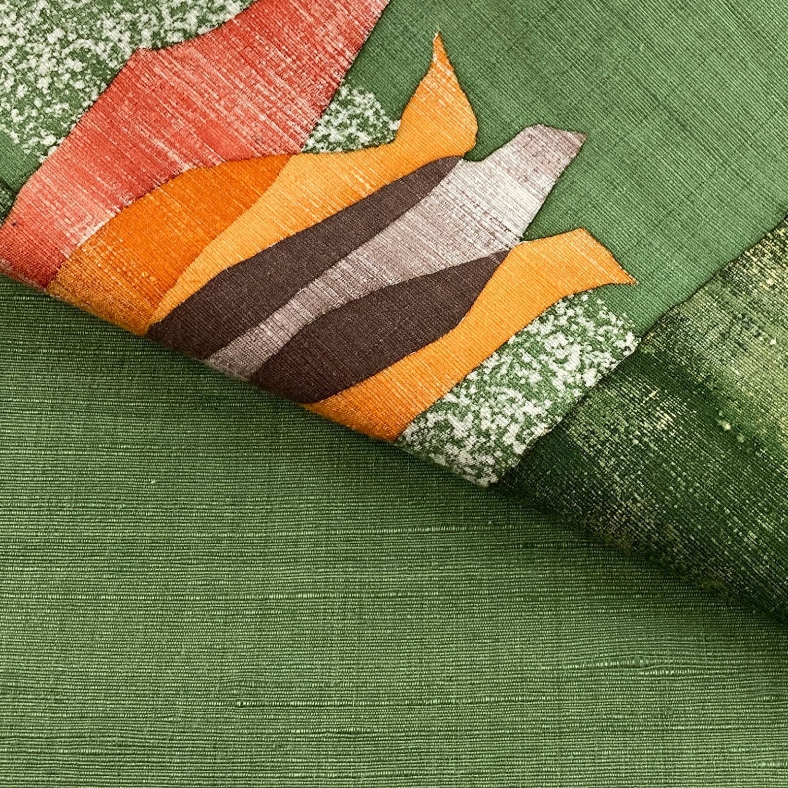 たんす屋 リユース帯 帯 名古屋帯 緑 抹茶 カジュアル 染め 鳥 抽象柄 絹 未洗い MS 6844