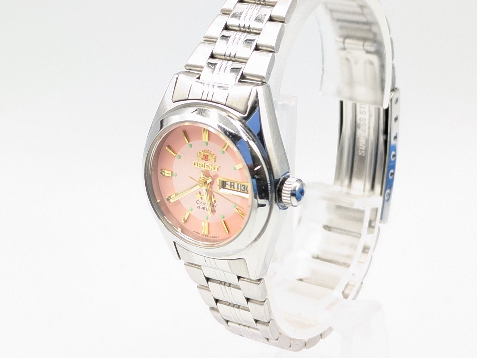 オリエント クリスタル 自動巻き デイデイト ピンク文字盤 メンズ