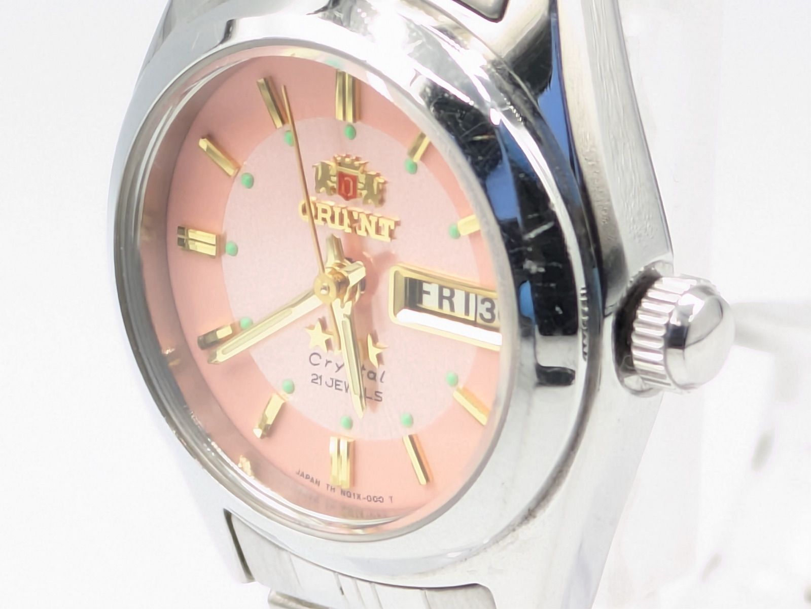 極美品◎ORIENTオリエントクリスタルイデイト 自動巻き腕時計ヴィンテージ オリエント クリスタル 自動巻き デイデイト ピンク文字盤 メンズ